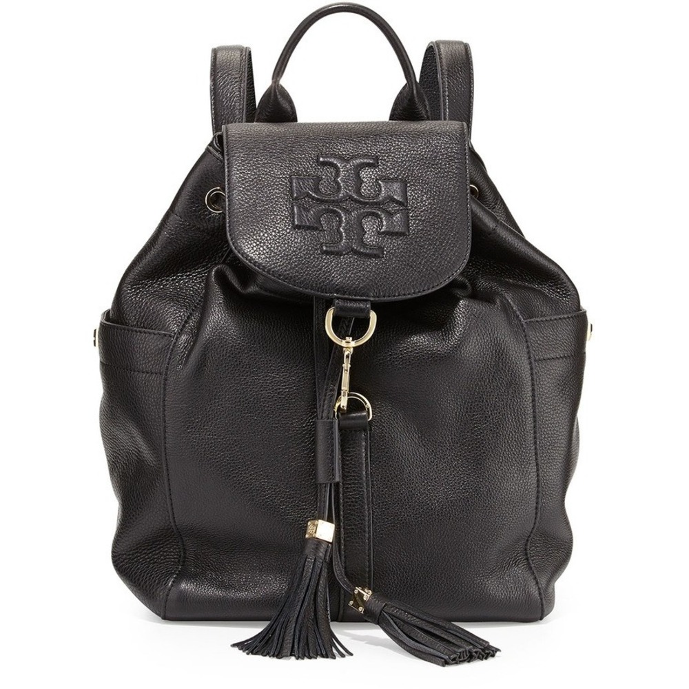 Tory Burch Thea Backpack Black Pebbled Leather‎ Tassel Drawstring